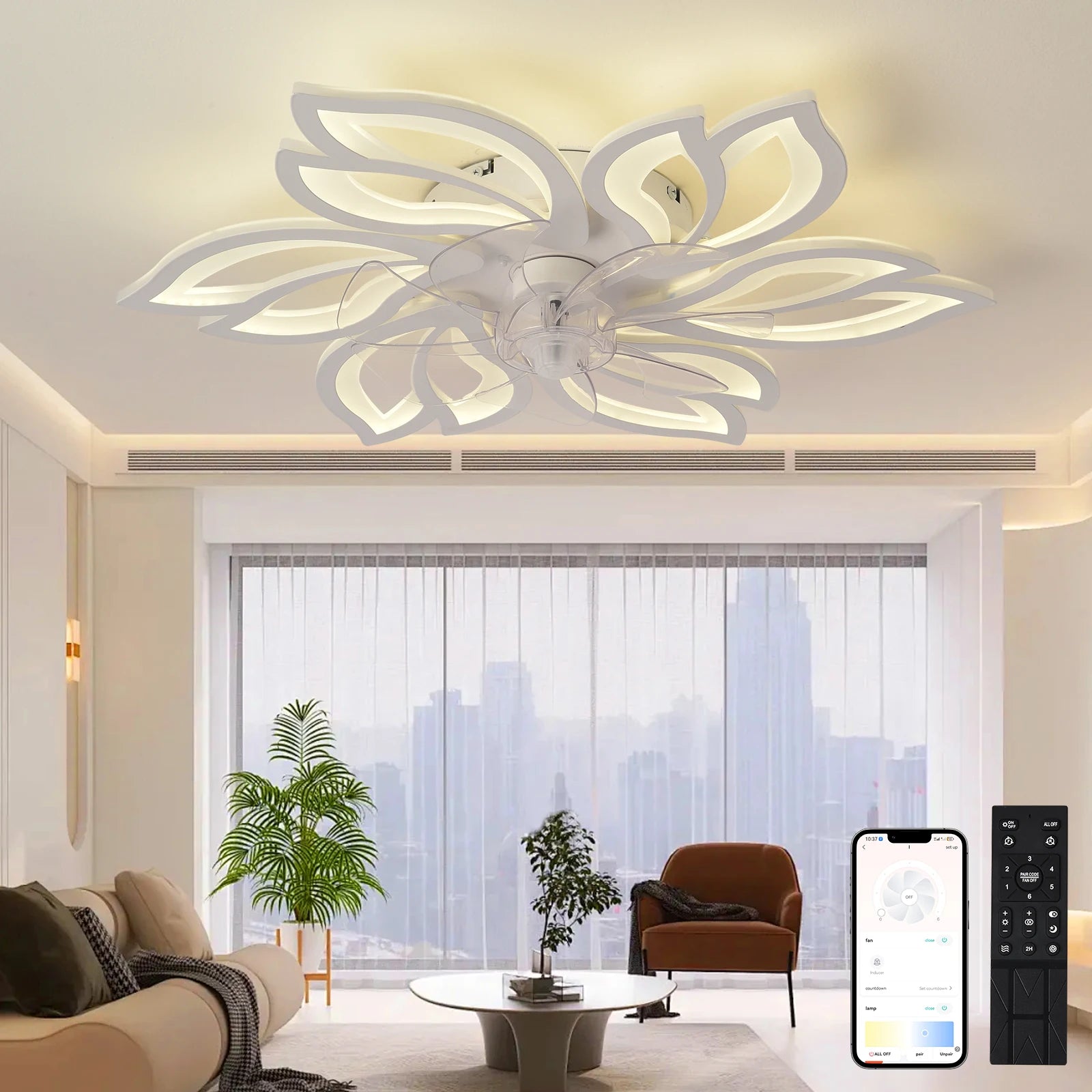 Ceiling mounted fan light with silent fan, adjustable wind speed, dimmable LED lighting, equipped with remote control