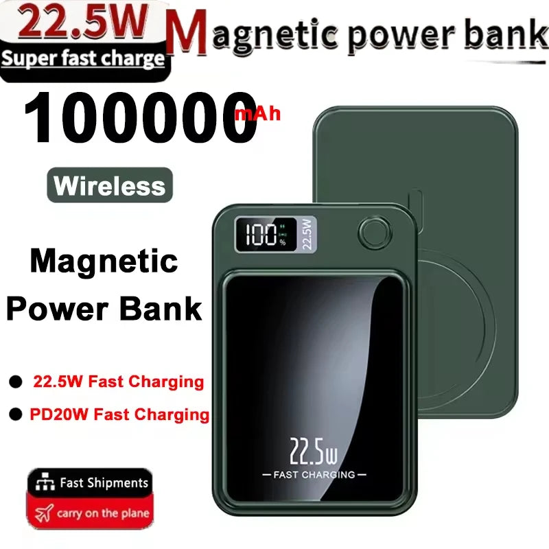 100000mAh Magnetic Wireless Power Bank 22.5W Phone Fast Charger for Magsafe IPhone 15 14 13 12 External Auxiliary Backup Battery