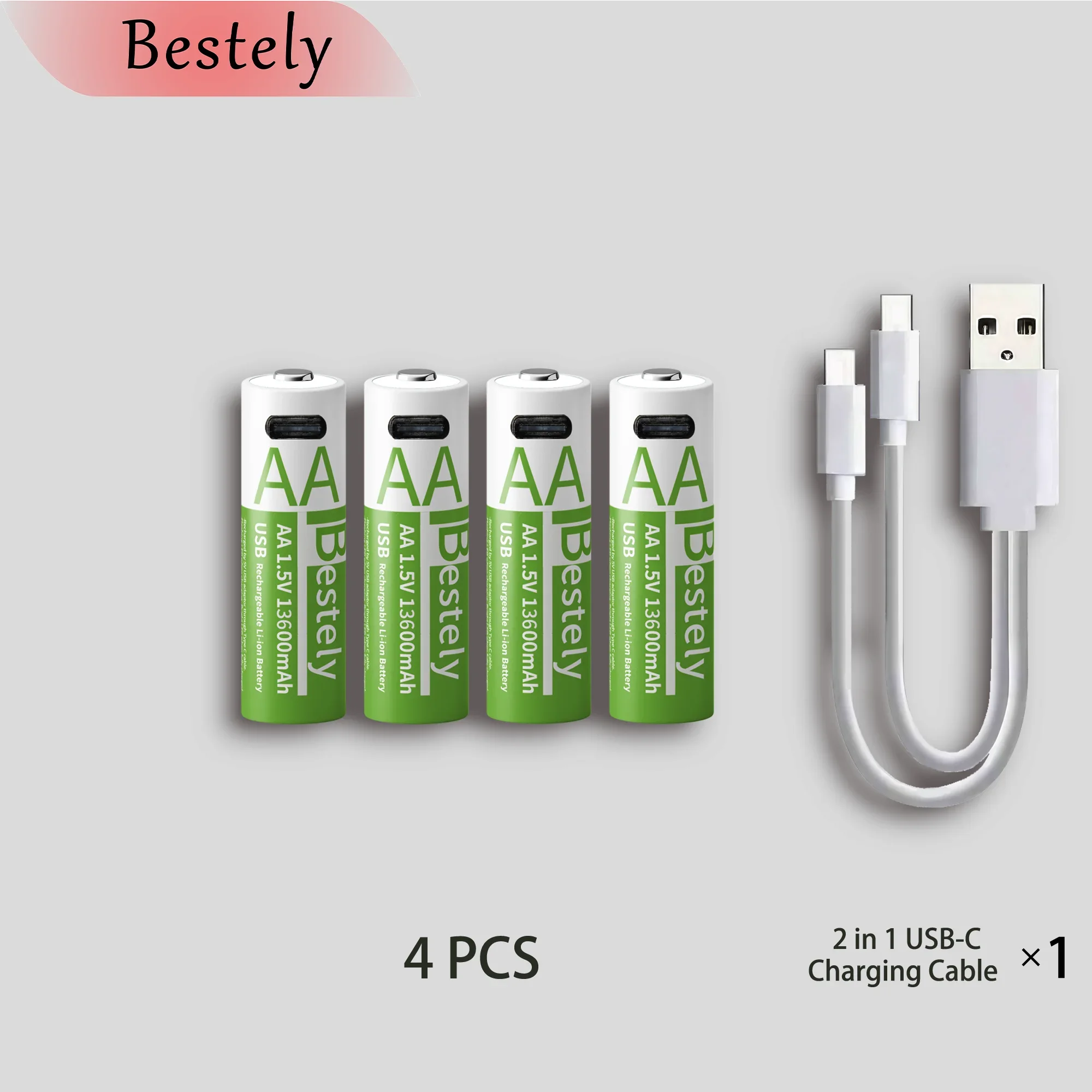 Latest Rechargeable 1.5V AA 13600mAh USB Lithium Battery , Fast Charging Li-ion AA Battery  , 2000 Cycle with USB- C Port Cables