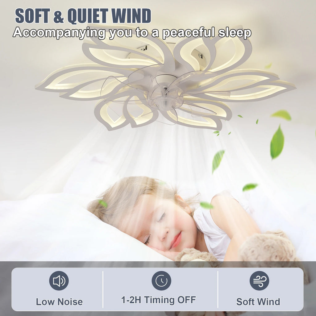 Ceiling mounted fan light with silent fan, adjustable wind speed, dimmable LED lighting, equipped with remote control