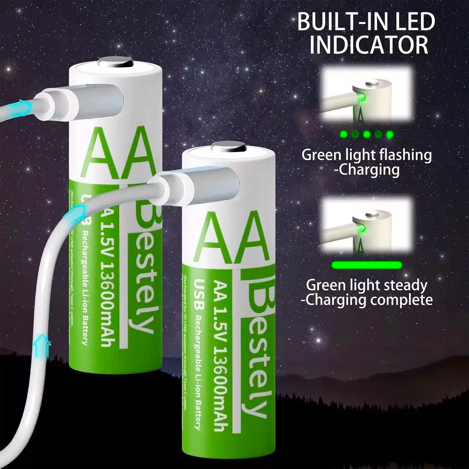 Latest Rechargeable 1.5V AA 13600mAh USB Lithium Battery , Fast Charging Li-ion AA Battery  , 2000 Cycle with USB- C Port Cables