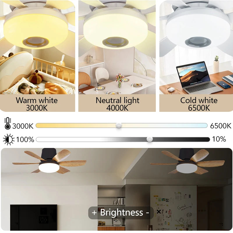 Smart E27 Ceiling Fan Light with Speaker Dimming Modes 3-Speed Remote Control 100-240V Electric Fan Ideal for Home Living Spaces