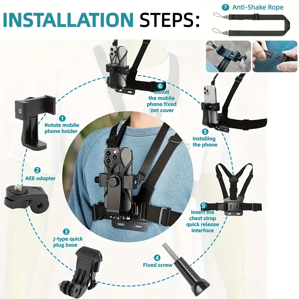 7-in-1 adjustable chest phone stand, suitable for all kinds of mobile phones and action cameras, to record a beautiful life