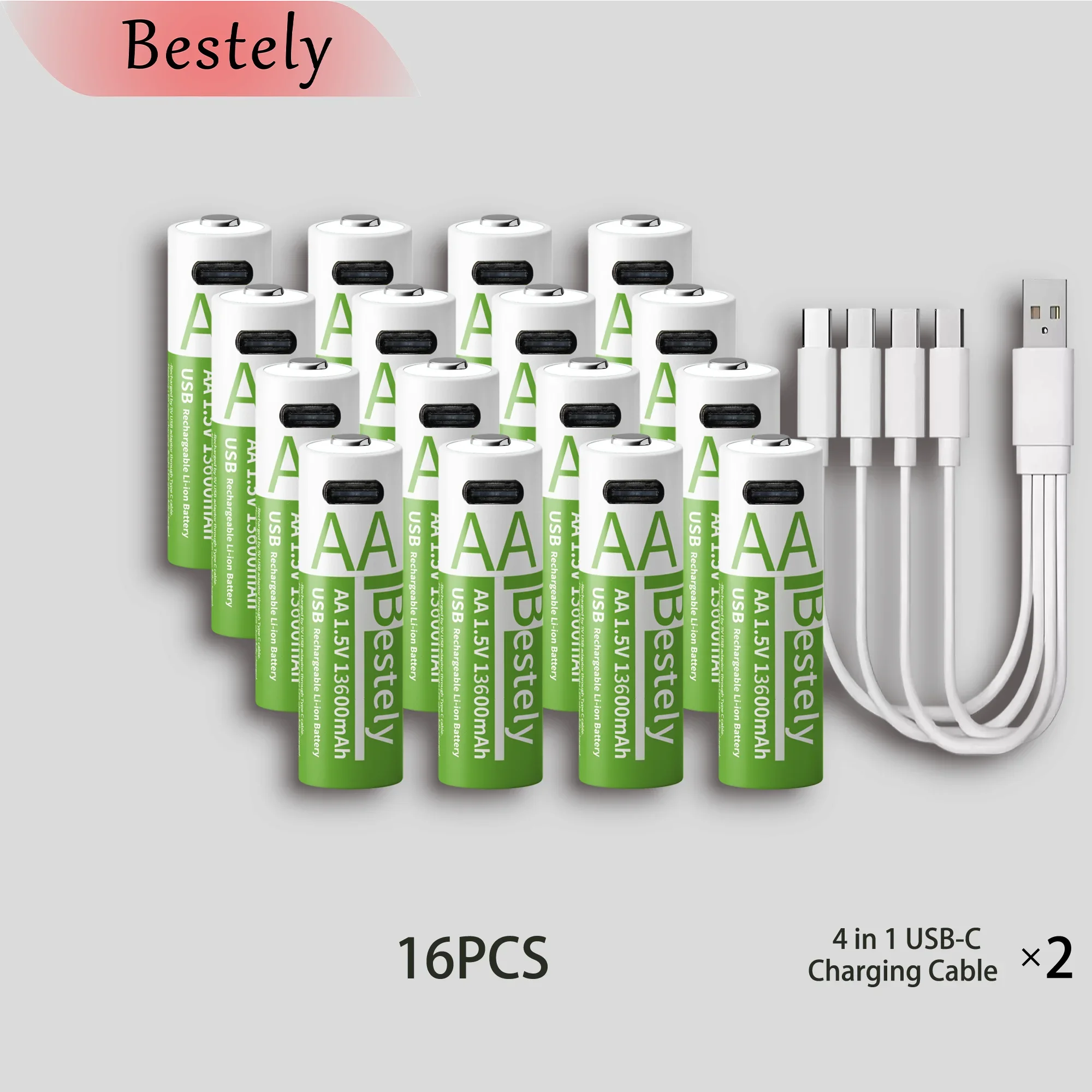Latest Rechargeable 1.5V AA 13600mAh USB Lithium Battery , Fast Charging Li-ion AA Battery  , 2000 Cycle with USB- C Port Cables