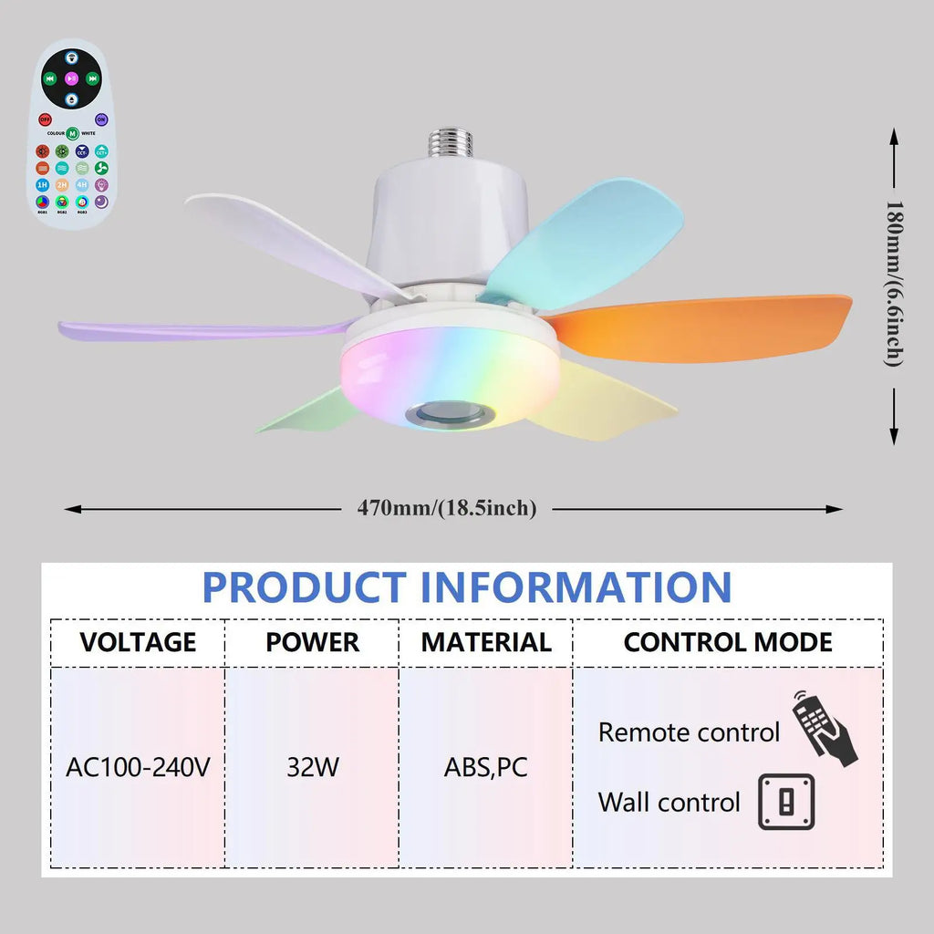 Smart E27 Ceiling Fan Light with Speaker Dimming Modes 3-Speed Remote Control 100-240V Electric Fan Ideal for Home Living Spaces