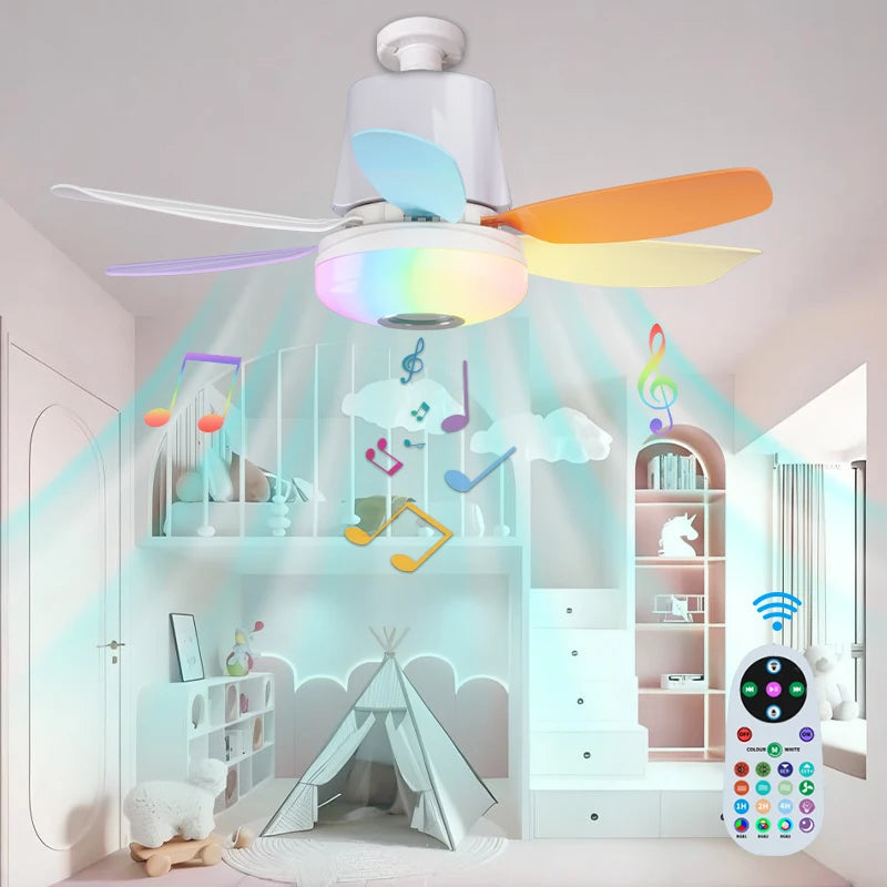 Smart E27 Ceiling Fan Light with Speaker Dimming Modes 3-Speed Remote Control 100-240V Electric Fan Ideal for Home Living Spaces