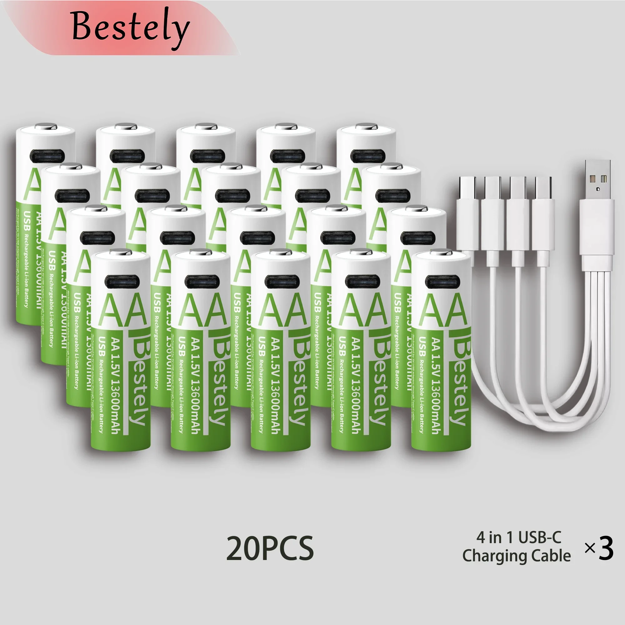 Latest Rechargeable 1.5V AA 13600mAh USB Lithium Battery , Fast Charging Li-ion AA Battery  , 2000 Cycle with USB- C Port Cables
