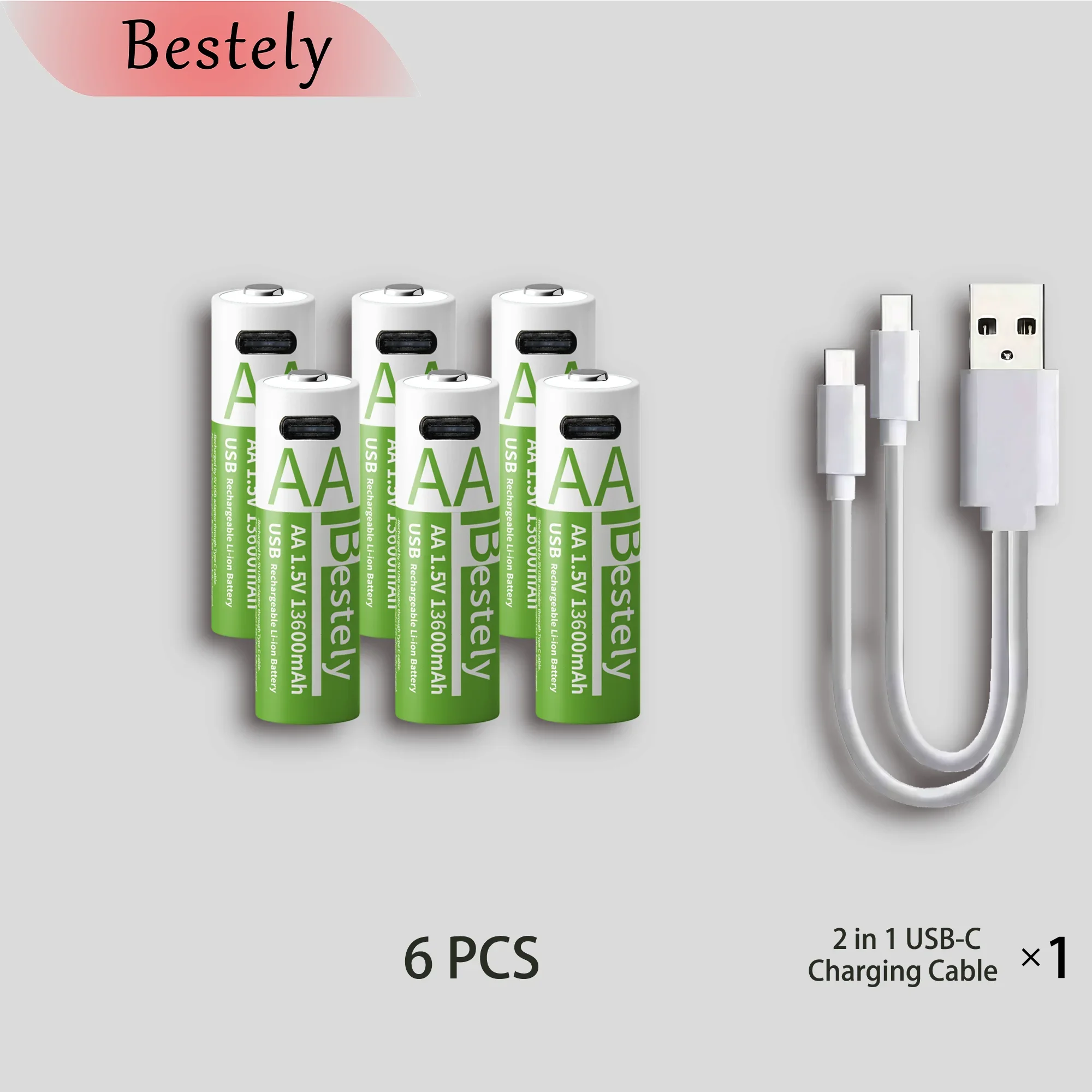Latest Rechargeable 1.5V AA 13600mAh USB Lithium Battery , Fast Charging Li-ion AA Battery  , 2000 Cycle with USB- C Port Cables